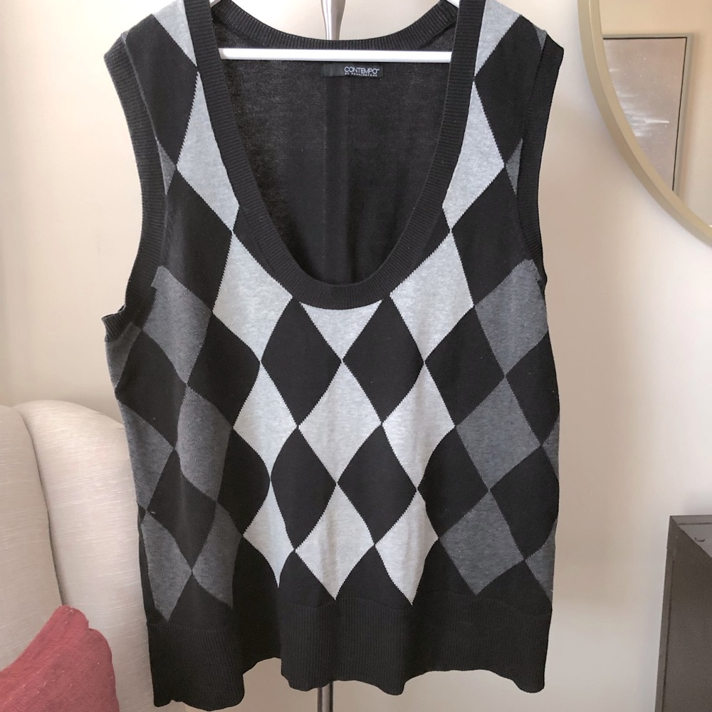 Pennington’s 1X Vest Sweater Preppy Argyle Checkered Pattern Soft Knit Grey Tank
